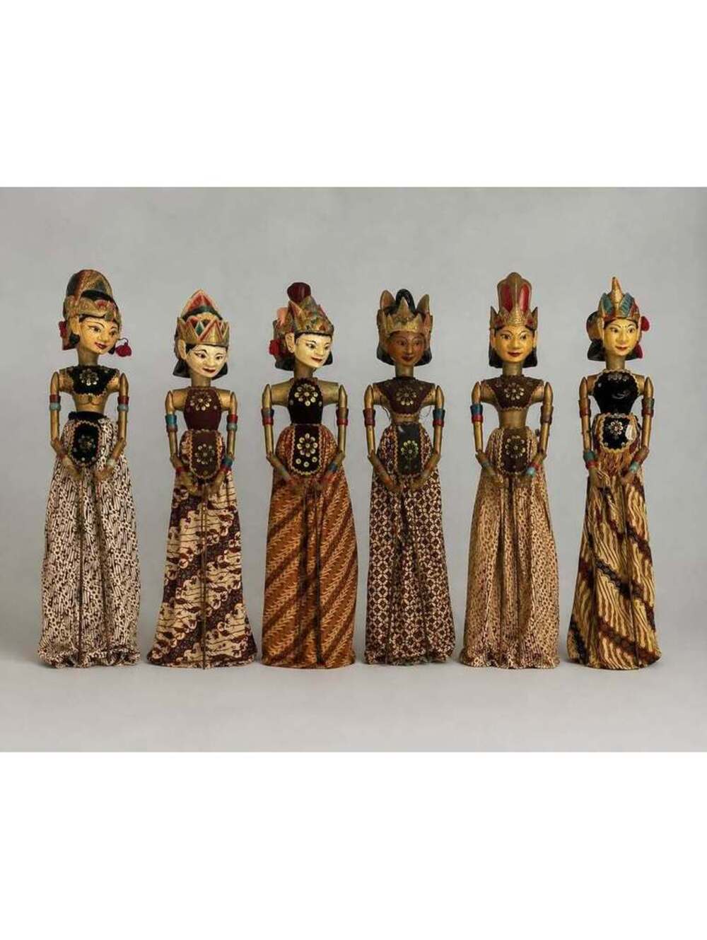 6 Vintage Indonesian Wayang Golek Rod Puppets Wood Batik Folk Art
